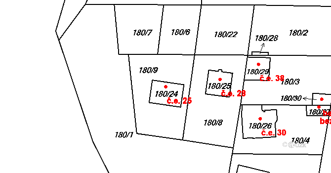 Dubice 25, Česká Lípa na parcele st. 180/24 v KÚ Dubice u České Lípy, Katastrální mapa