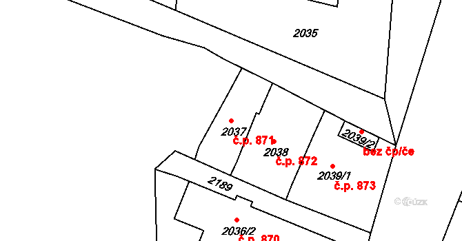 Bruntál 871 na parcele st. 2037 v KÚ Bruntál-město, Katastrální mapa