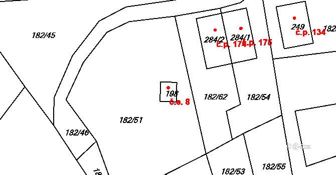 Větrušice 8 na parcele st. 198 v KÚ Větrušice u Klecan, Katastrální mapa