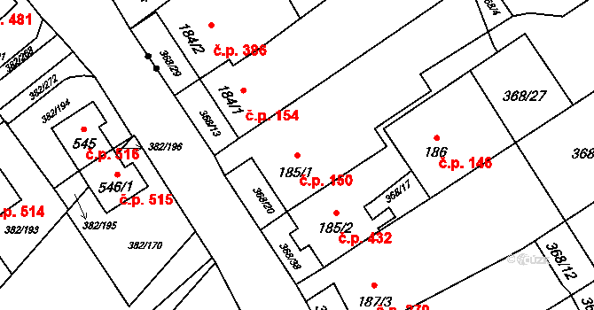 Heřmanice 150, Ostrava na parcele st. 185/1 v KÚ Heřmanice, Katastrální mapa