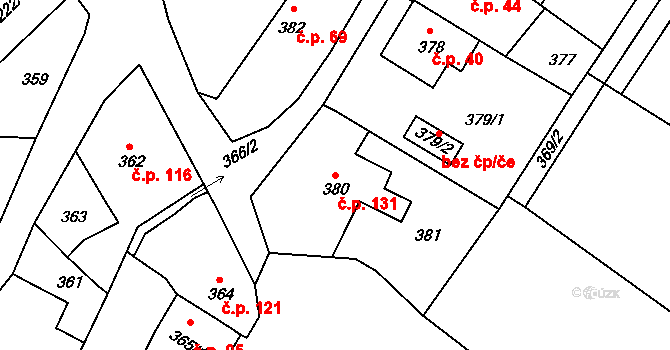 Štípa 131, Zlín na parcele st. 380 v KÚ Štípa, Katastrální mapa