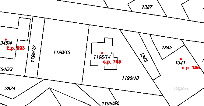 Kobeřice 755 na parcele st. 1196/14 v KÚ Kobeřice ve Slezsku, Katastrální mapa