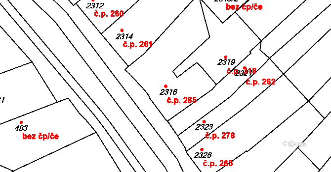 Vlčnov 285 na parcele st. 2316 v KÚ Vlčnov, Katastrální mapa