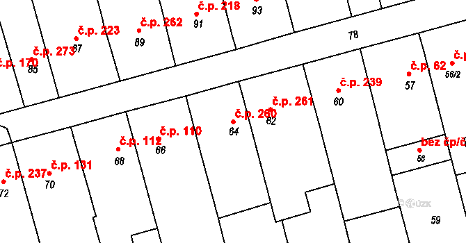 Hrušky 260 na parcele st. 64 v KÚ Hrušky u Brna, Katastrální mapa