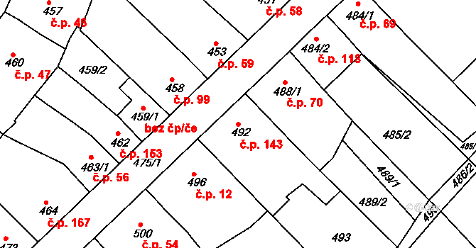 Vícemilice 143, Bučovice na parcele st. 492 v KÚ Vícemilice, Katastrální mapa