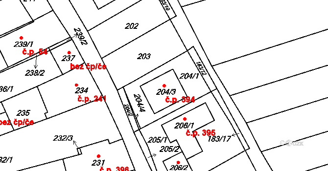Velešovice 394 na parcele st. 204/3 v KÚ Velešovice, Katastrální mapa