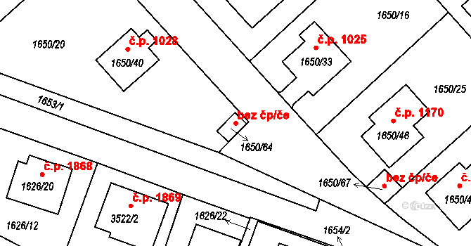Pelhřimov 89895592 na parcele st. 1650/64 v KÚ Pelhřimov, Katastrální mapa
