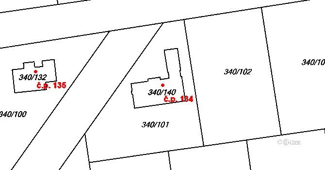 Hořín 134 na parcele st. 340/140 v KÚ Hořín, Katastrální mapa