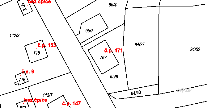 Trhanov 171 na parcele st. 762 v KÚ Trhanov, Katastrální mapa