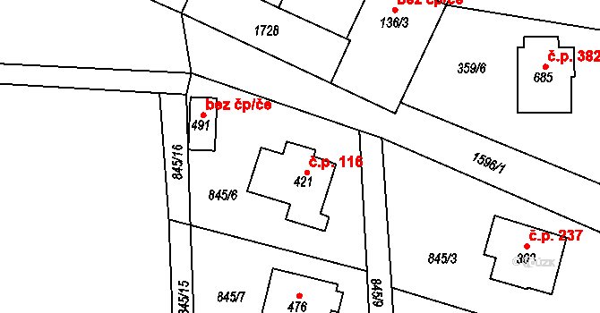 Prostřední Lánov 116, Lánov na parcele st. 421 v KÚ Prostřední Lánov, Katastrální mapa