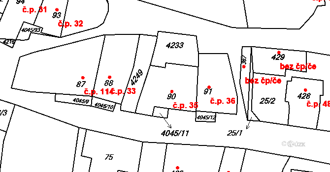 Boleradice 35 na parcele st. 90 v KÚ Boleradice, Katastrální mapa