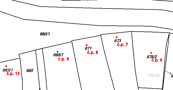 Oleksovice 8 na parcele st. 671 v KÚ Oleksovice, Katastrální mapa