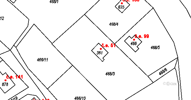 Vranov nad Dyjí 51 na parcele st. 361 v KÚ Vranov nad Dyjí, Katastrální mapa