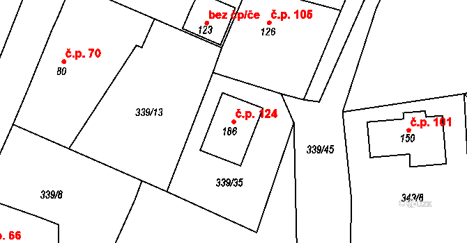 Týček 124 na parcele st. 186 v KÚ Týček, Katastrální mapa