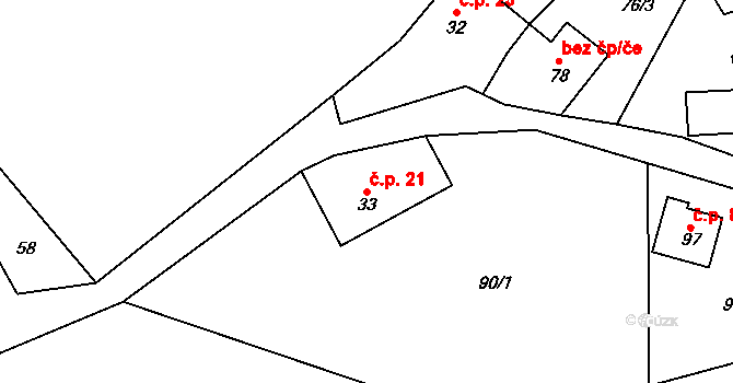 Klatovec 21 na parcele st. 33 v KÚ Klatovec, Katastrální mapa