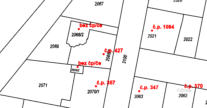 Čelákovice 427 na parcele st. 2068/1 v KÚ Čelákovice, Katastrální mapa