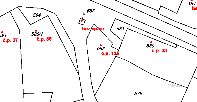 Zakřany 135 na parcele st. 582 v KÚ Zakřany, Katastrální mapa