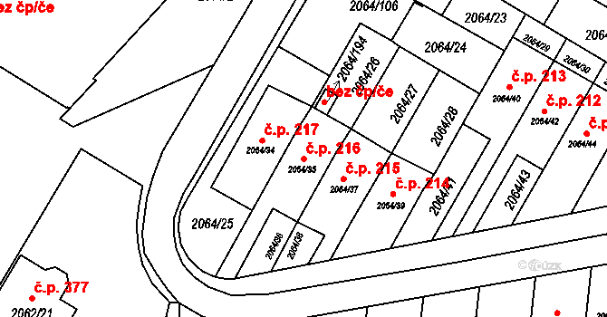Brňany 216, Vyškov na parcele st. 2064/35 v KÚ Vyškov, Katastrální mapa