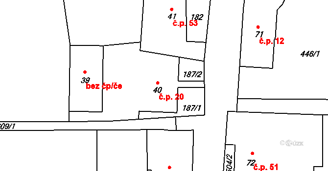 Rudíkovy 20, Třemešná na parcele st. 40 v KÚ Rudíkovy, Katastrální mapa