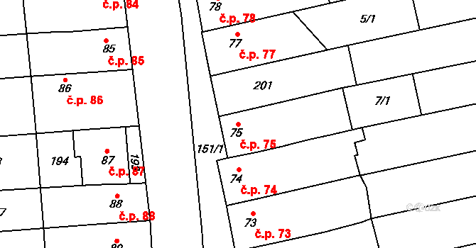 Lípy 75, Slatinice na parcele st. 75 v KÚ Lípy, Katastrální mapa