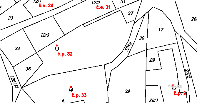 Lbín 32, Hlinná na parcele st. 13 v KÚ Lbín, Katastrální mapa
