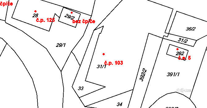 Šunychl 103, Bohumín na parcele st. 31/1 v KÚ Kopytov, Katastrální mapa