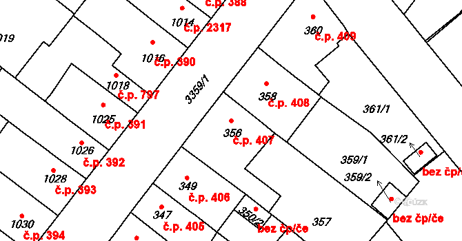Pelhřimov 407 na parcele st. 356 v KÚ Pelhřimov, Katastrální mapa
