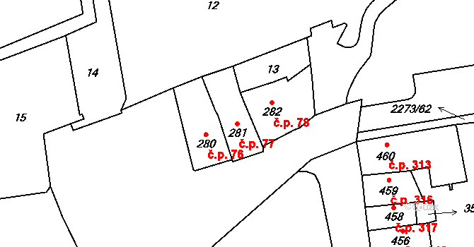 Cheb 77 na parcele st. 281 v KÚ Cheb, Katastrální mapa