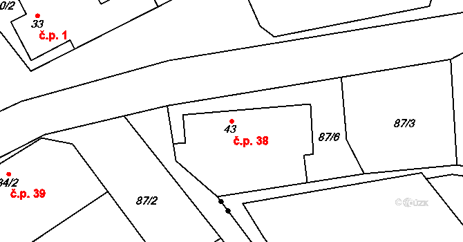 Bydžovská Lhotka 38, Měník na parcele st. 43 v KÚ Bydžovská Lhotka, Katastrální mapa