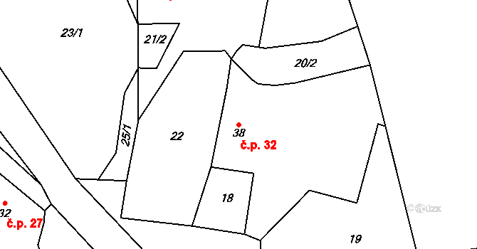 Miletice 32, Dlažov na parcele st. 38 v KÚ Miletice u Dlažova, Katastrální mapa