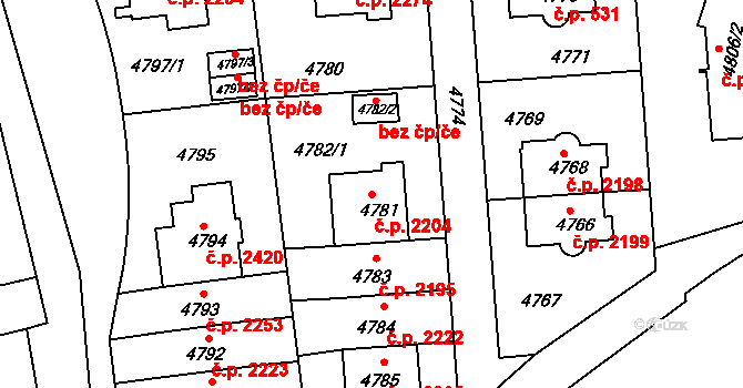 Smíchov 2204, Praha na parcele st. 4781 v KÚ Smíchov, Katastrální mapa