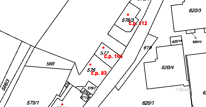 Záběhlice 104, Praha na parcele st. 577 v KÚ Záběhlice, Katastrální mapa