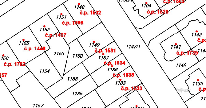 Chomutov 1534 na parcele st. 1187 v KÚ Chomutov I, Katastrální mapa