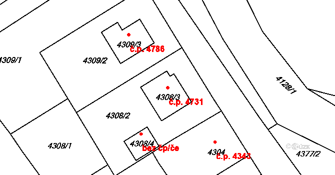Chomutov 4731 na parcele st. 4308/3 v KÚ Chomutov II, Katastrální mapa
