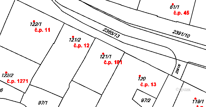 Rosice 181 na parcele st. 121/1 v KÚ Rosice u Brna, Katastrální mapa