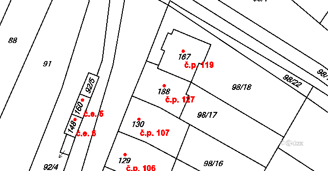 Žešov 127, Prostějov na parcele st. 188 v KÚ Žešov, Katastrální mapa