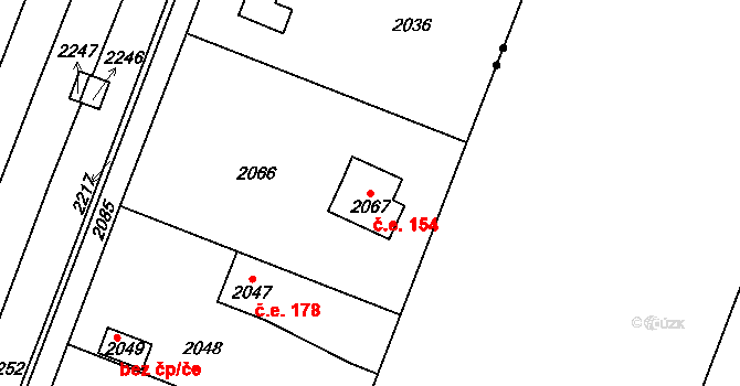 Křimice 154, Plzeň na parcele st. 2067 v KÚ Křimice, Katastrální mapa
