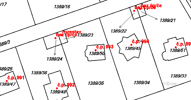 Karlík 993 na parcele st. 1389/50 v KÚ Karlík, Katastrální mapa