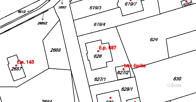 Šluknov 687 na parcele st. 626 v KÚ Šluknov, Katastrální mapa