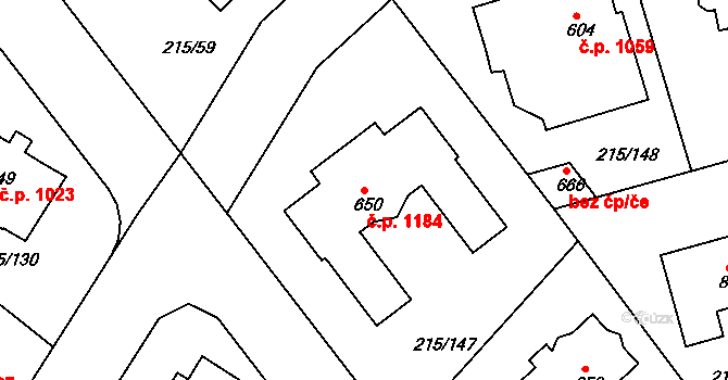 Rudná 1184 na parcele st. 650 v KÚ Hořelice, Katastrální mapa