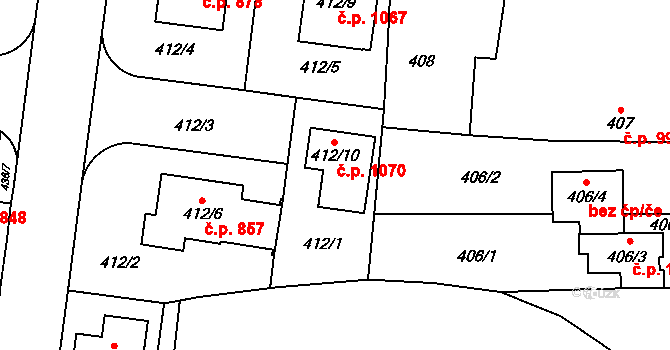 Kosmonosy 1070 na parcele st. 412/10 v KÚ Kosmonosy, Katastrální mapa
