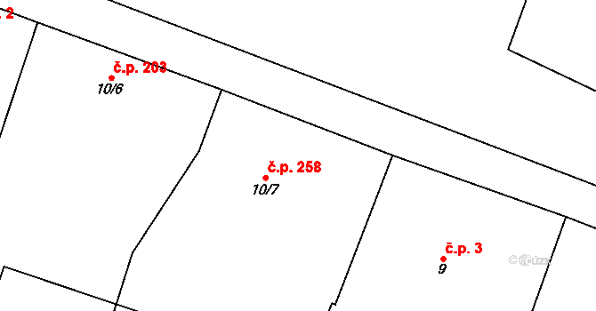 Budišov 258 na parcele st. 10/7 v KÚ Budišov, Katastrální mapa