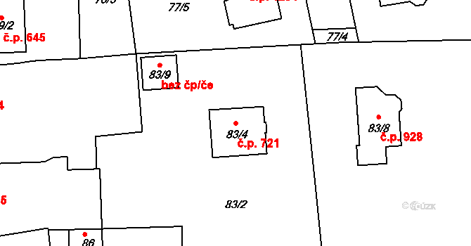 Černice 721, Plzeň na parcele st. 83/4 v KÚ Černice, Katastrální mapa