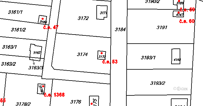 Kuřim 53 na parcele st. 3173 v KÚ Kuřim, Katastrální mapa