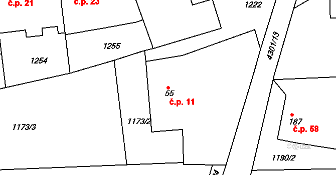 Úročnice 11, Benešov na parcele st. 55 v KÚ Úročnice, Katastrální mapa