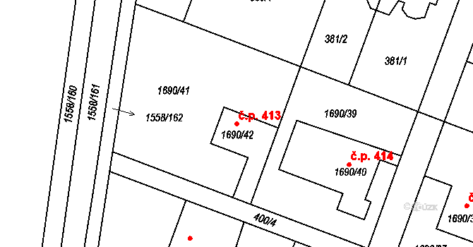 Hať 413 na parcele st. 1690/42 v KÚ Hať, Katastrální mapa