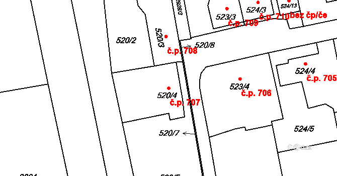 Kylešovice 707, Opava na parcele st. 520/4 v KÚ Kylešovice, Katastrální mapa