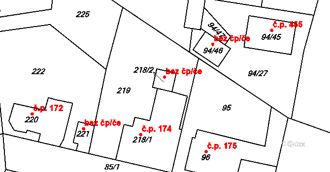 Zruč-Senec 45786593 na parcele st. 218/2 v KÚ Zruč, Katastrální mapa