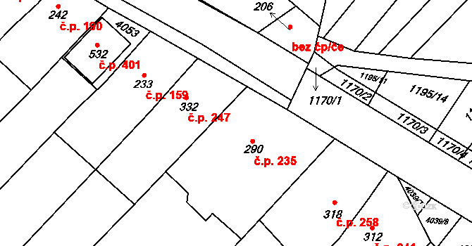 Kudlovice 235 na parcele st. 290 v KÚ Kudlovice, Katastrální mapa
