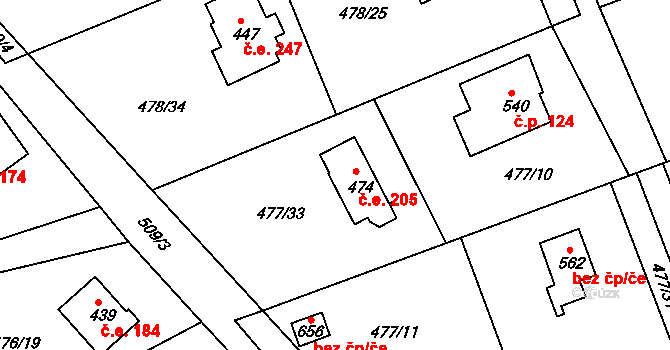 Malé Kyšice 205 na parcele st. 474 v KÚ Malé Kyšice, Katastrální mapa